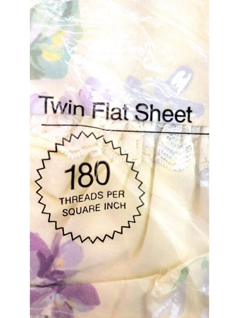 Vintage JC Penney Twin Flat Sheet Sibyl Lavender Beige Floral Lace No-Iron 66x96